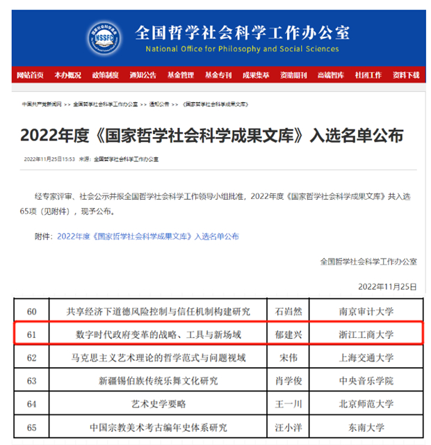 浙江工商大学郁建兴教授研究成果再度入选《国家哲学社会科学成果文库》